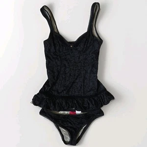 Betsey Johnson Swimsuit Set Tankini Size L Black Pinup Vamp Retro Burnout Velvet - Picture 1 of 18