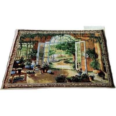 French Doors Grande Tapestry Garden Room Fountain Wall Hanging 56x38 Textile Vtg - Image 1 of 4