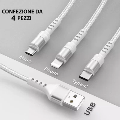 Lotto 4PZ Multi Cavo Di Ricarica, 3 in 1 Multiplo Micro USB Tipo C 40CM - BIANCO - Immagine 1 di 3