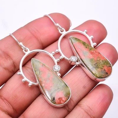 Natural Unakite & White Topaz Designer 925 Sterling Silver Earring 2.11" E3 - Image 1 of 4
