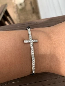 Adjustable  Rhinestone Silver Tone Sideways Cross Bracelet Black Thread 7-9” - Picture 1 of 7