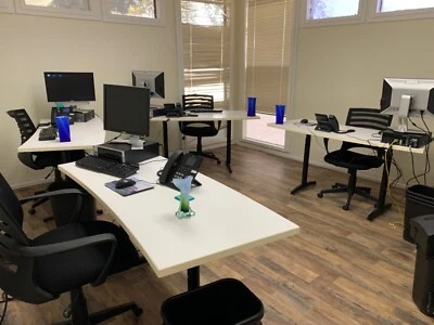 Brand new 12 white office desks $150 ea. Used black/silver computers $150 each.  - Image 1 of 4