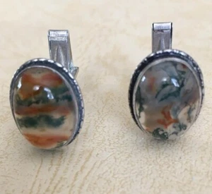 Vintage Shiptonia Sterling Silver Moss Agate Cufflinks Made in England .75”x.50” - Picture 1 of 10