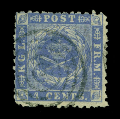 DANISH WEST INDIES (DWI) 1873  Coat of Arms  4c blue - perf.- Scott # 4 used FVF - Image 1 of 2