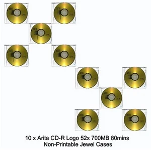 10 x Arita Ritek CD-R 52x Speed 80 Min CD Discs 700MB Non Printable Jewel Cases - Picture 1 of 20