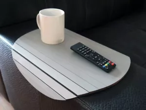 Wooden Flexible Round Sofa Table for Armrest - Gray Slinky Couch Tray Cover - Picture 1 of 8
