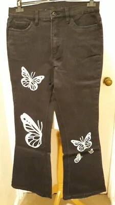 NEW-RAINBOW-BLACK DENIM FLARED JEANS WITH BUTTERFLY DESIGN SIZE 14 - Image 1 of 4