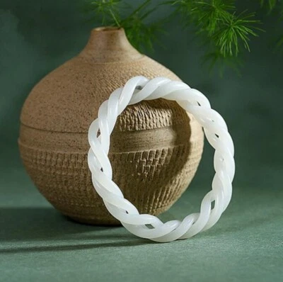 Certified Grade A Natural White Green HeTian Jade Spiral Twist Bangle Bracelet - Image 1 of 4