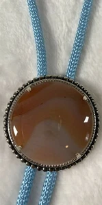Mens Bolo Tie 13.5" Western Light Blue String Round Orange Stone Hand Crafted - Picture 1 of 5