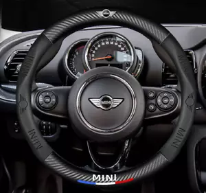 15" PU Leather+Carbon fiber Steering Wheel Cover For 1980-2024 Mini All Cars - Picture 1 of 16