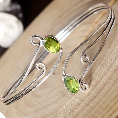925 Sterling Silver Faceted Peridot Oval Cut Gemstone Adjustable Bracelet Gift - Image 1 of 4