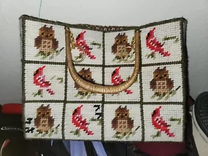 Patchwork Needlepoint Owls And Cardinals Purse Hand Bag. 3x9x12” 1970s handmade - Picture 1 of 4