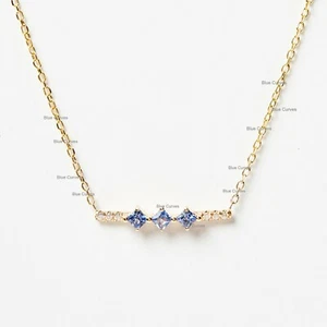 Blue Sapphire Gemstone Bar Charm Necklace 14k Yellow Gold Diamond Jewelry - Picture 1 of 3