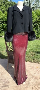 JOHN GALLIANO WINE RED FULL SEQUINS BUTTON SIDE DETAIL FITTED MAXI SKIRT Sz 6 - Picture 1 of 24