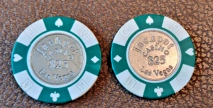 Jackpot Casino Las Vegas Nevada 2 $25.00 Casino Chips Metal Insert - Picture 1 of 2