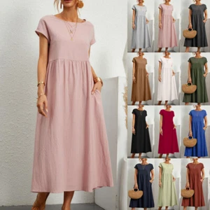 Women Summer Casual Pullover Midi Dress Ladies Holiday Plain Pleated Swing Dress - Picture 1 of 20