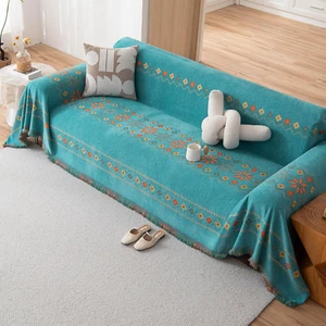 Teal Boho Sofa Chenille Couch Blanket Vintage Bohemian Sofa Covers for 3 Cushion - Picture 1 of 7