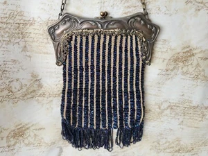 ANTIQUE Victorian Purse Handbag Blue Iridescent Glass Beads Silver Tone Frame - Picture 1 of 11