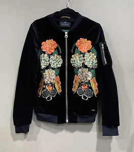 Scotch & Soda Bomber Jacket Mens Small Embroidered Full Zip Black Velvet Floral - Picture 1 of 22
