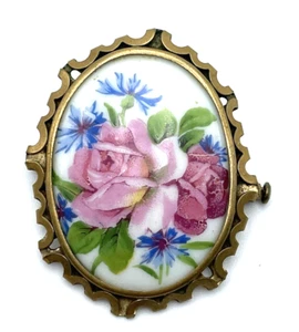 Estate Limoges Francia porcellana dipinta a mano rose rosa bouquet spilla oro vintage - Foto 1 di 9