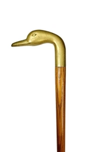 Canne bâton de marche vintage MCM années 60 70 bois laiton doré tête de canard manche lesté - Photo 1/9