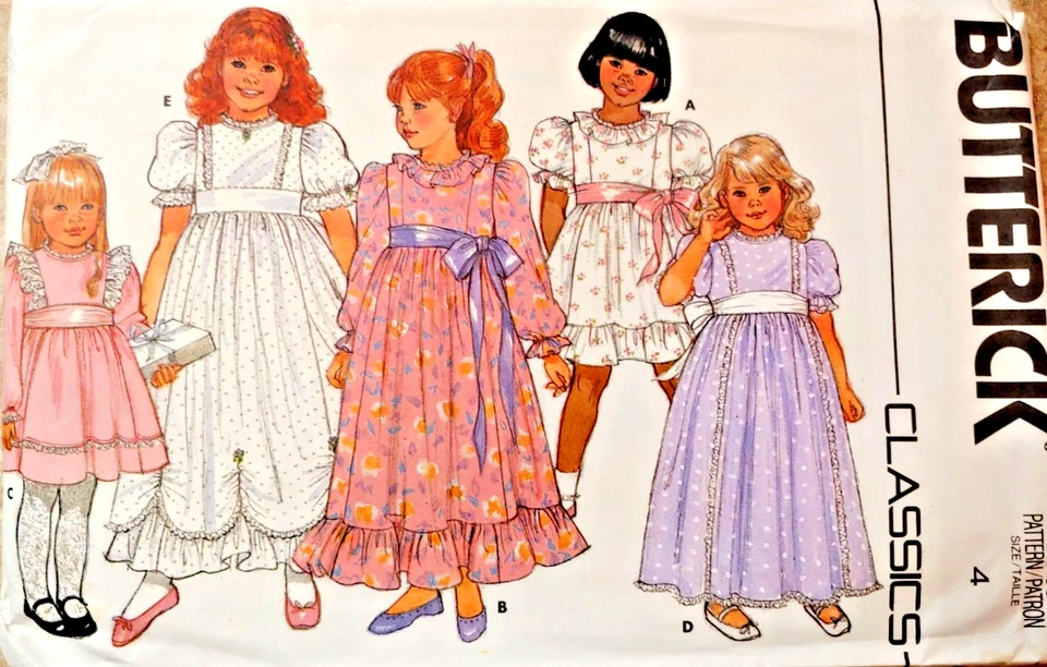Butterick 3649 girls' size 4 dress above knee or ankle length ruffle Year 1986 - Image 1 of 4