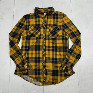 DJT Yellow Navy Blue Plaid Long Sleeve Flannel Womens Size Medium - Picture 1 of 6