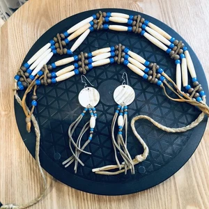 Vintage Choker Halskette Armband Ohrringe Set Knochen Haarpfeife Indianer SCHÖNHEIT! - Bild 1 von 24