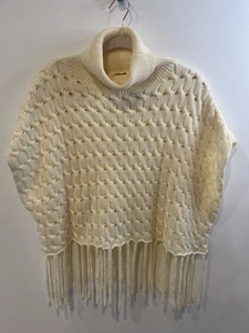 PONCHO MUJER CREMA PUNTO SUÉTER FLECOS MELLO LOS ANGELES BOHO COTTAGECORE - Imagen 1 de 7