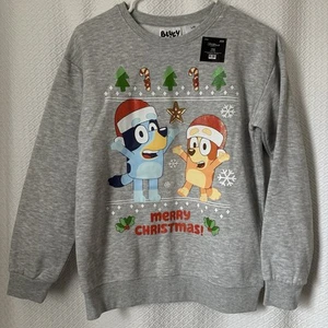 Bluey & Bingo Christmas Sweatshirt Kids size Large unisex gray animation - Picture 1 of 4