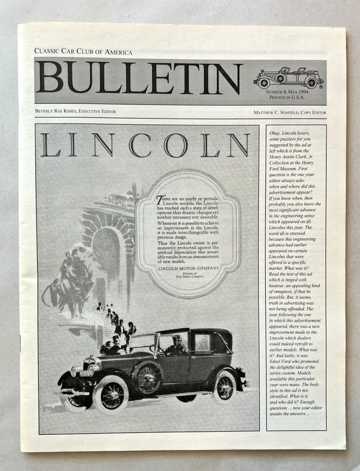 Classic Car Club of America ~ Bulletin ~ Lincoln ~ Number 4 ~ May 1994 Foto 1 de 1