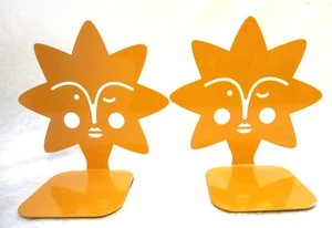 Adorable enamel on metal bookends whimsical sun w/ face bright yellow glossy mod - Picture 1 of 4