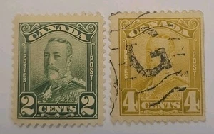 Canada Scott #150 & #152 KGV 1928-29 "Scroll" Definitive 2c MH & 4c Used - Picture 1 of 1