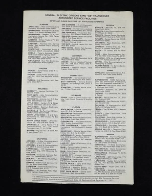 General Electric Citizens Band "CB" Transceiver Authorized Service Facilities - Image 1 of 3