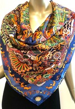 Pineda Covalin 100% Silk Scarf Aztec Multi Color Print 35" square Hand Roll NWOT
