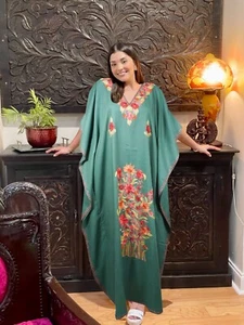 Womens Caftan Dress Boho Hippie Cotton Green Floral Embroidered Maxi Kaftan L-3X - Picture 1 of 4