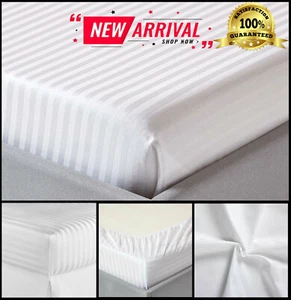 SATIN STRIPE FITTED SHEET WHITE  POLY COTTON EXTRA DEEP HOTEL QUALITY ALL SIZES - Picture 1 of 4