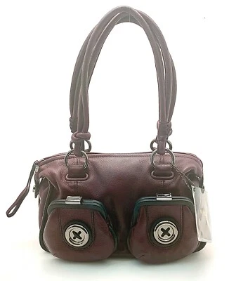 MIMCO MINI METAL BUTTON ZIP TOP LEATHER BAG IN SHIRAZ BURGUNDY BNWT RRP$399 - Image 1 of 4