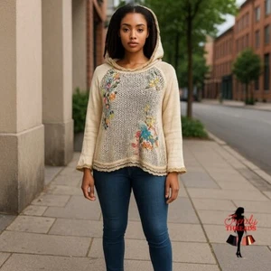 Free People Small Oversized Open Knit Floral Embroidered Hooded Top Shirt Cream - Picture 1 of 12
