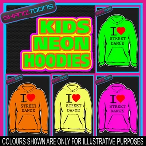I LOVE HEART STREET DANCE NEON FLUORESCENT BRIGHT ELECTRIC KIDS HOODIE HOODY - Picture 1 of 1