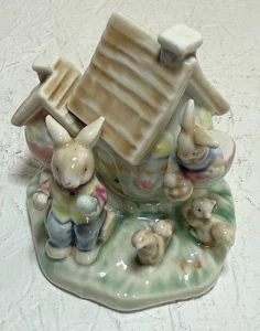 Enesco Ceramic Easter Bunny Cottage  Painting Easter Eggs Figurine Squirrel - Picture 1 of 2