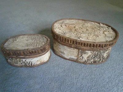 Juego 2 cajas de almacenamiento ovaladas de madera rústica de corteza de abedul cabina Adirondack nuevas Foto 1 de 4