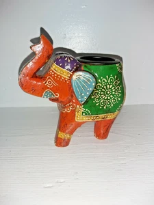 HANDBEMALTER INDISCHER MANGOHOLZ ELEFANT TEELICHTHALTER - ORANGE - Bild 1 von 7