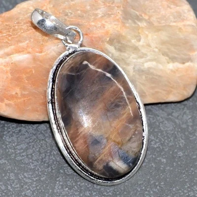925 Silver Plated Chocolate Moonstone Pendant Gemstone Handmade 2" JW - Image 1 of 3