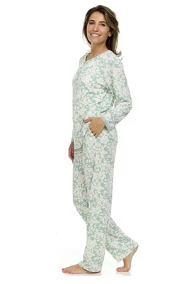 Flora Nikrooz Soft &Stretchy Henley Green Floral Long Sleeve & Pant PJ Set Med - Image 1 of 4