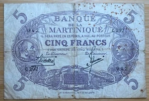 BILLET 5 FRANCS CABASSON MARTINIQUE VIOLET (BILL 170) RARE!! VOIR PHOTOS - Imagen 1 de 5