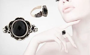 Women’s/Men's: Carved Black Onyx Antique Silver Gothic / Vintage Fashion Ring - Picture 1 of 4