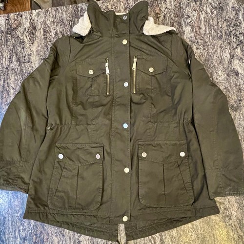 Giacca Michael Kors donna verde militare utility fodera sherpa con cappuccio L
