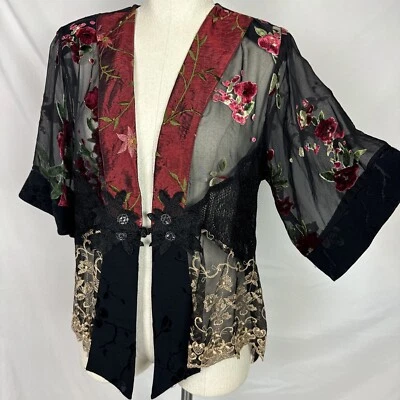 Vtg Spencer Alexis Floral M Whimsigoth Velvet Kimono Jacket Top Embroidered Boho - Image 1 of 4
