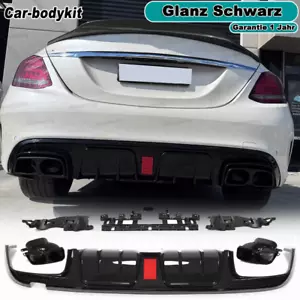 Schwarz Heckdiffusor Spoiler für Mercedes W205 2014-20 Stoßstange Auspuffblenden - Bild 1 von 14